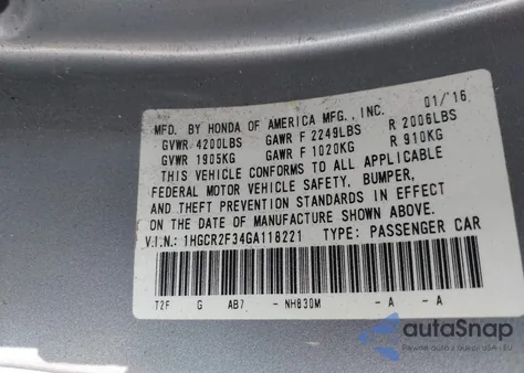 2016 Honda Accord Lx z USA, uszkodzony, nr VIN 1HGCR2F34GA118221